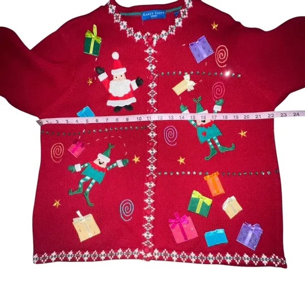 Vtg Karen Scott‎ Ugly Christmas Sweater Women Large Red Cardigan Elf Santa Ramie - Image 4