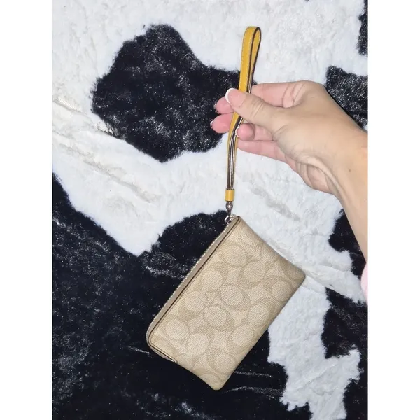 Coach Signature Canvas Wristlet with Yellow Leather Trim - Image 7