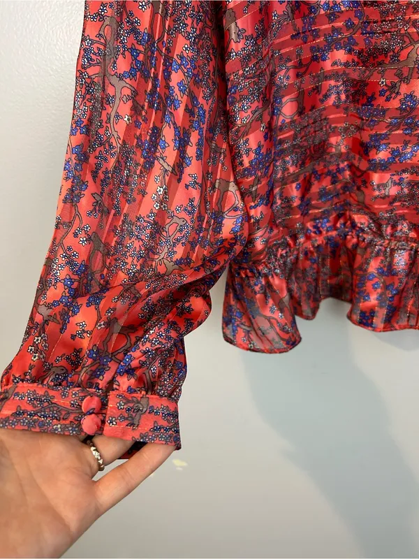 Free People Pink/Blue Metallic Smocked Floral Dolman Sleeve Peplum Top Large - Image 5