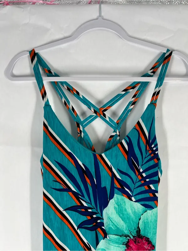 Tropical Floral Striped Crisscross Back Maxi Dress Medium‎ Side Slit - Image 3