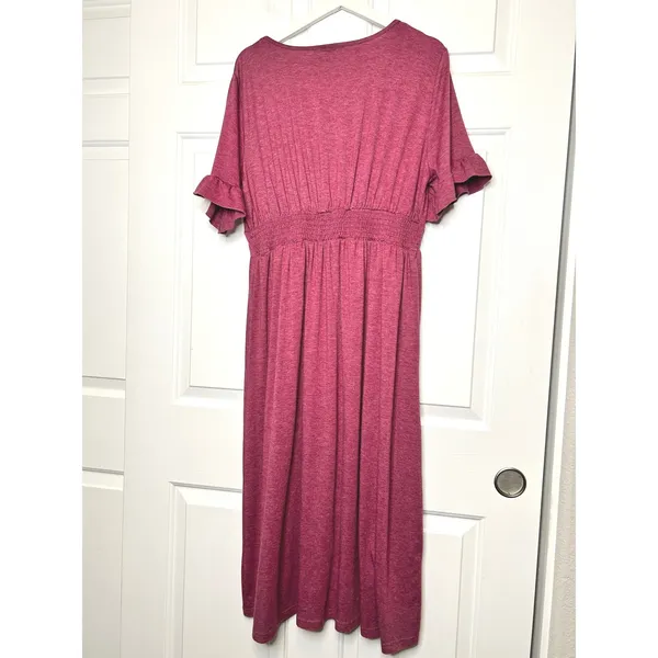 Allegra K V Neck Button Front Ruffle‎ Sleeve Midi Dress Fuchsia XL - Image 3