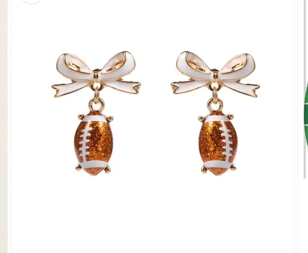 Bow Accent Football Drop Dangle Earrings Gold - Image 2