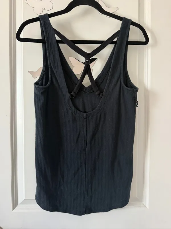 Free People Black Ribbed V-Neck Tank with Crisscross Back Straps - Image 2