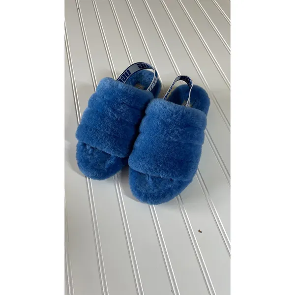 UGG Fluff Yeah Slides Royal Blue Sheepskin Platform Sandals Almost New Womens 7 - Image 3