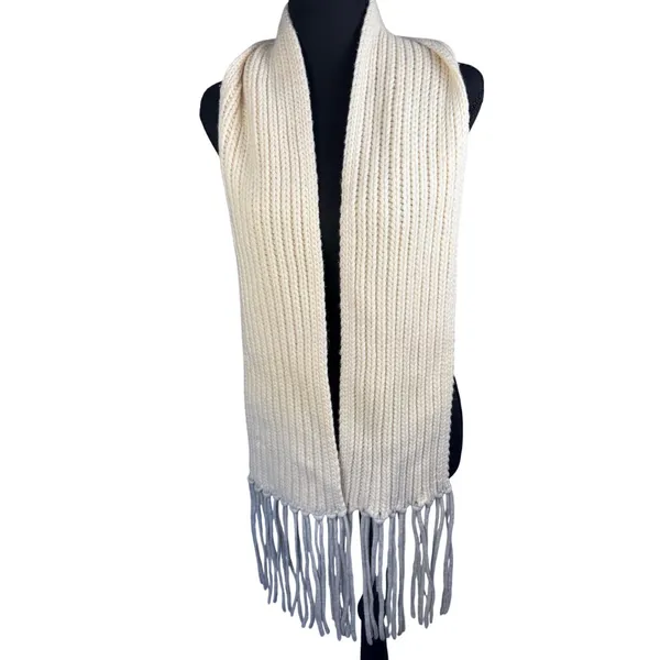 J Crew Scarf Women OS Cream Ribbed Wool Cashmere Fringe Winter Classic Luxury - Image 2