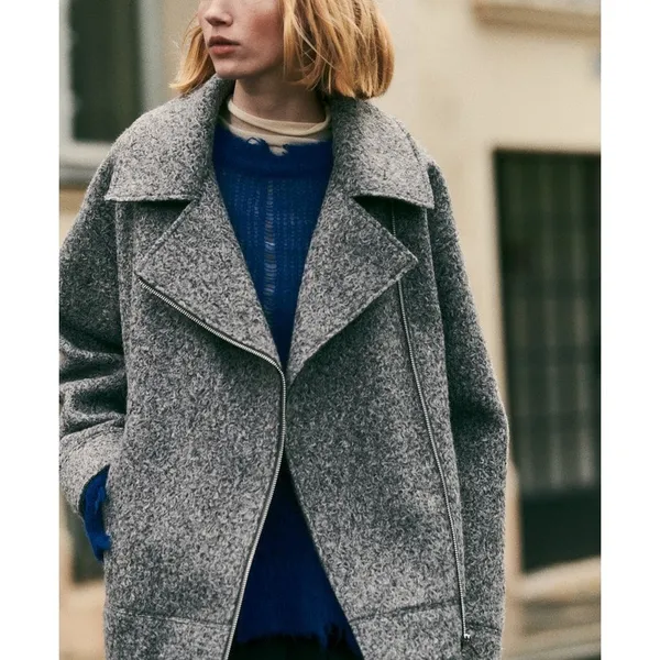 Zara Boucle Women's Gray Asymmetric Zip Collared Oversized Over Coat Jacket Sz S - Image 2