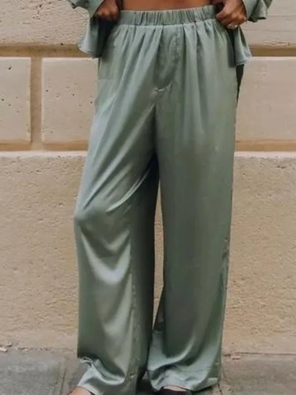 Daily Drills Silky Pull On Resort Wide Leg Satin Lounge Pants in Lagoon Green XS - Image 2