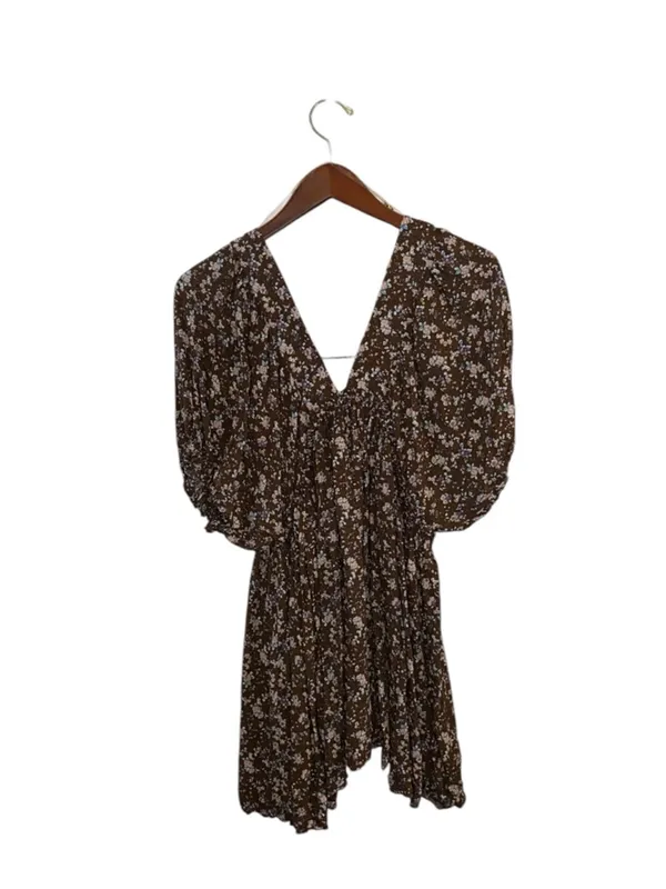 Millibon Brown Floral V-Neck Puff Sleeve mini cottagecore summer day Dress - Image 7