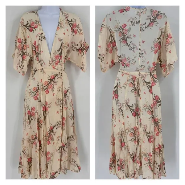 Reformation Karen Kimono Midi Wrap Dress Leila Floral Tulip Size‎ XS Cream Pink - Image 3