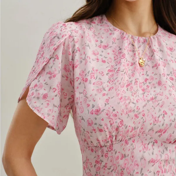 Rihoas Pink Floral Round Neck Pleated Mini Dress - Image 2