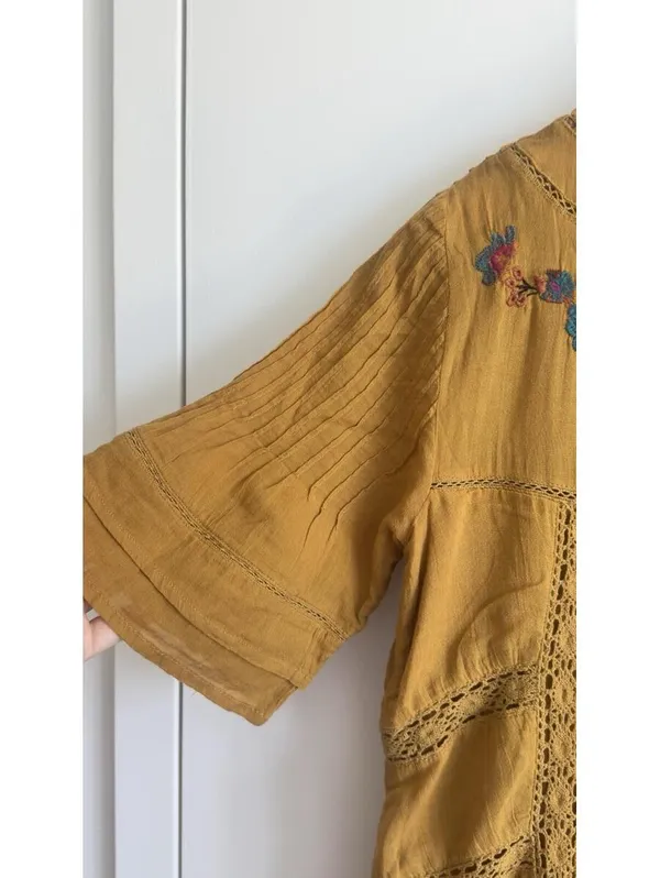 Free People Perfectly Victorian Dress S Mustard Embroidered Crochet Lace Boho - Image 9