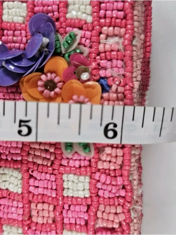 NWT India handcrafted Viral Beaded Pink Quilted Purple Flowers Checkered Bag - Image 7
