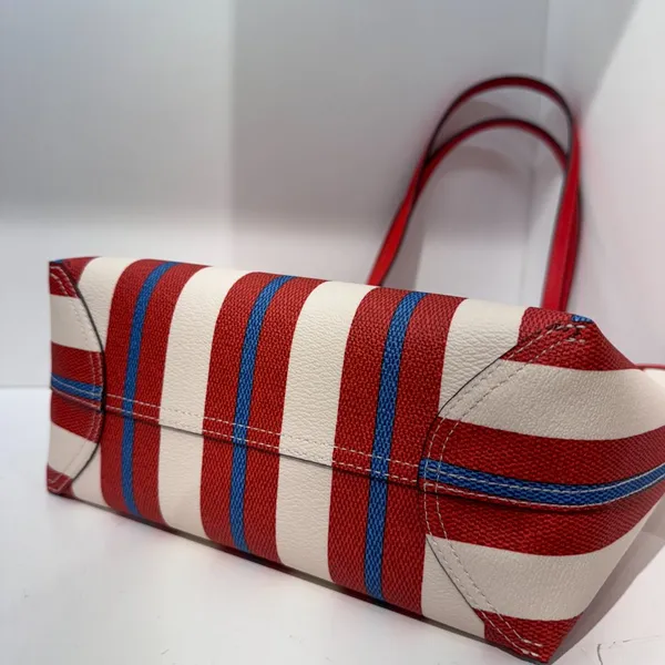 NWT Coach CT824 Small City Tote With Stripe Print Canvas Leather Chalk/Red Multi - Image 6