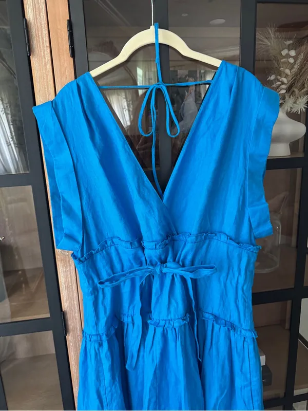 NWT Banana Republic linen maxi dress cinch-waist cobalt royal cap short sleeve - Image 5