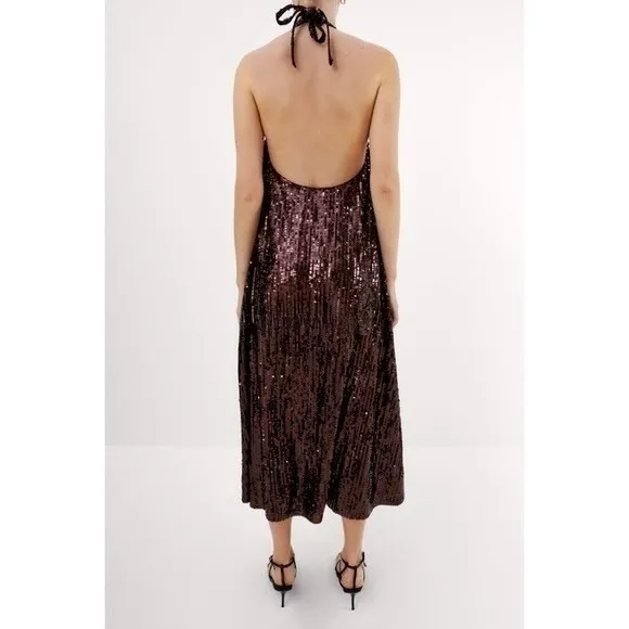 ZARA Chocolate Brown Sequin Halter Maxi Dress‎ Festive Party Sequinned Small - Image 9