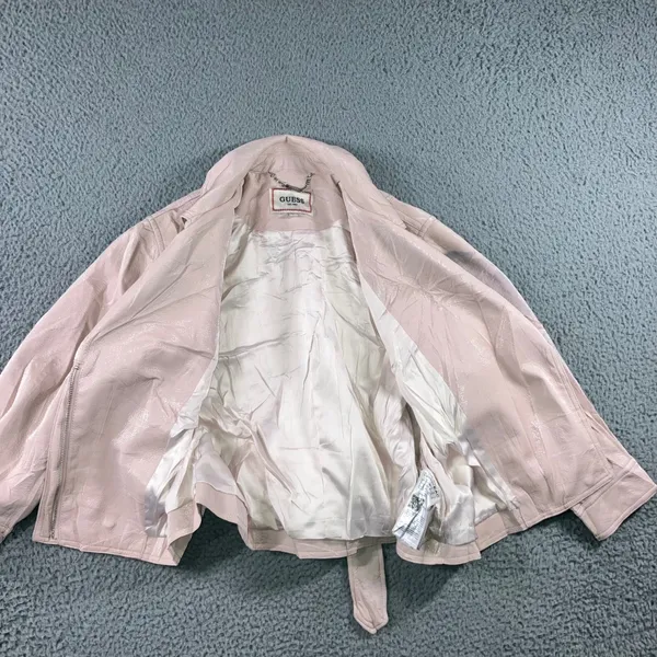 Guess‎ Moto Jacket Women S Pink Crinkled Faux Leather Belted Cropped Biker - Image 9