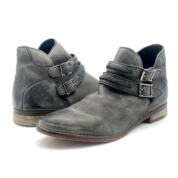Free People Braeburn Distressed Gray Leather Ankle Boots 37 Double Buckle Strap - Image 5