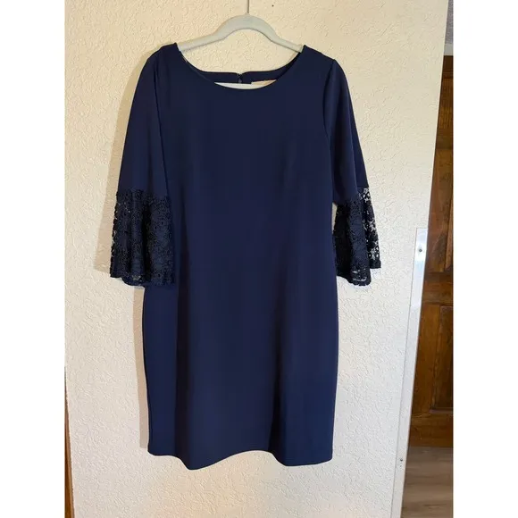 Hope & Harlow Dress Womens 14 Navy Blue Lace Bell Sleeve‎ Shift Knee Length - Image 15