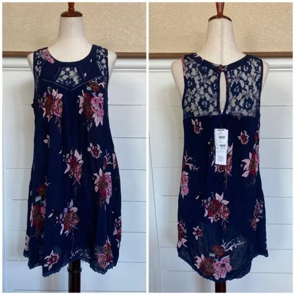 Patrons of Peace Navy Floral Lace Inset Sleeveless Boho Mini Dress NWT‎ Size S - Image 2