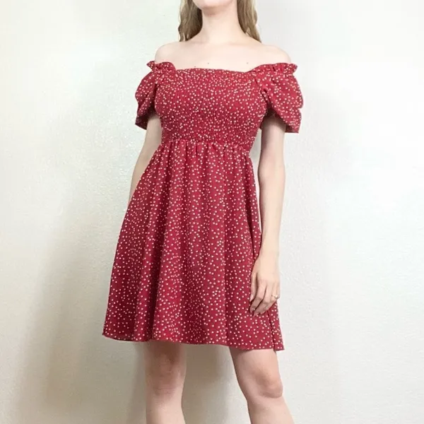 Shein Red & White Polka Dot Smocked Puff Sleeve Dress - Image 3