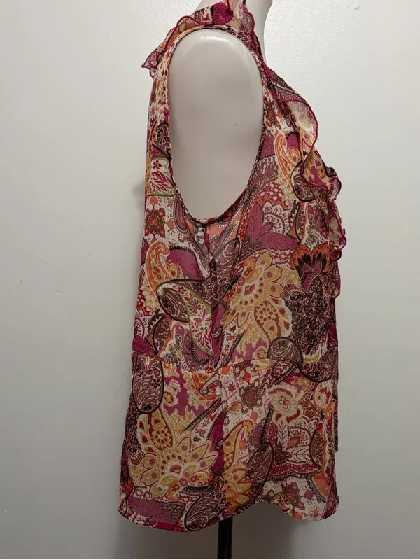 Studio 1940 Paisley Ruffle Sleeveless Blouse Size L Pink Orange Boho Peasant - Image 3