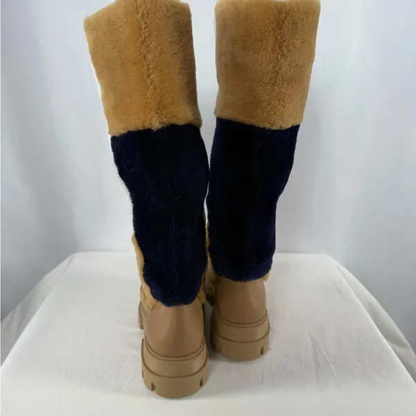 Free People Happy Thoughts Shearling Real Fur‎ Patchwork Knee High Boots Tan 6.5 - Image 5