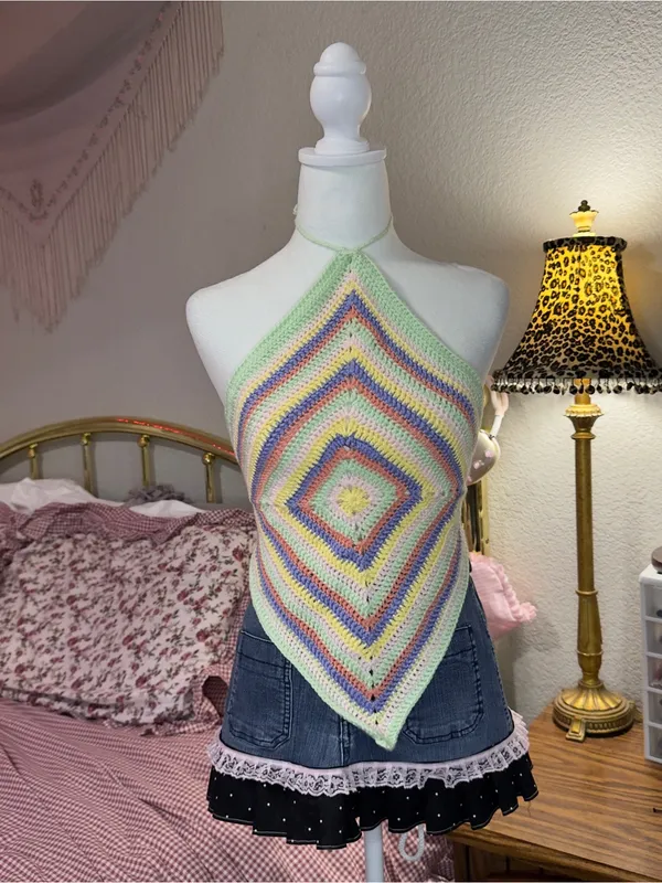 Handmade Pastel Multicolor Crochet Halter Camisole Top - Image 5