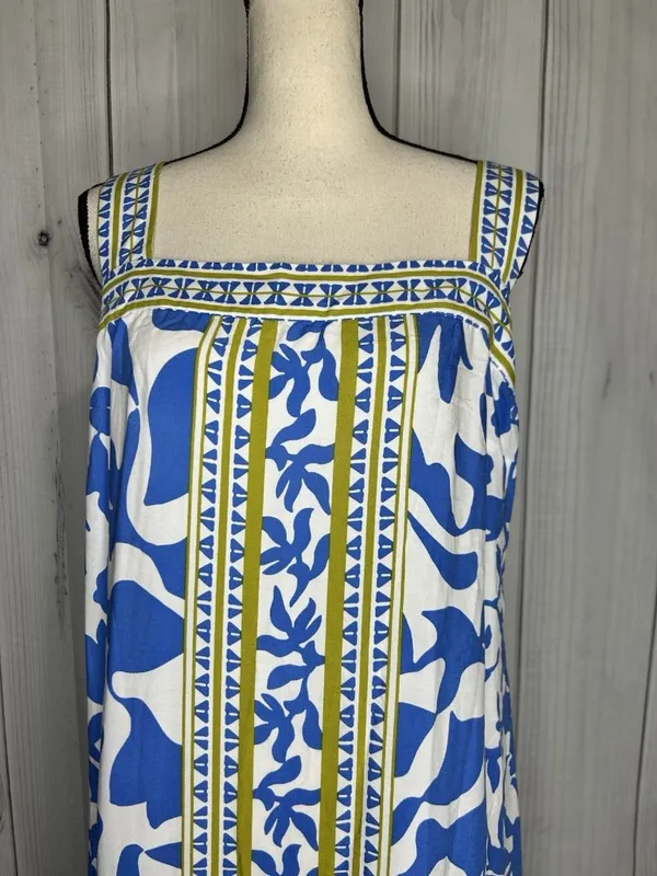 Vince Camuto Floral Border Print Smocked Back Maxi Dress Blue White Sz L Rayon - Image 2