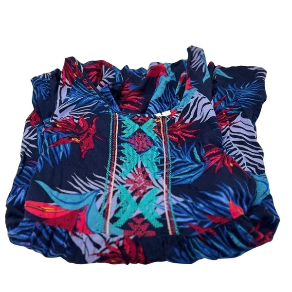 Roxy Tropical Print Boho Tunic Top Mini Dress Styled Embroidered Festival Blouse - Image 3