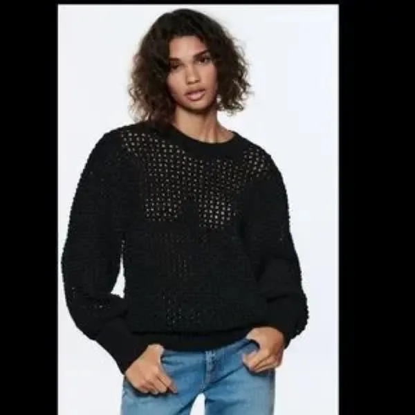 Zara textured open‎ knit chunky sweater crewneck balloon sleeves black size M - Image 16
