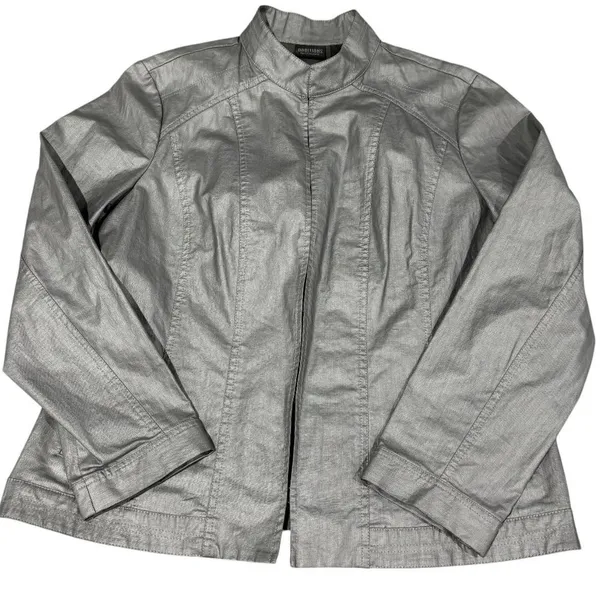 Additions by Chico's Linen Blend Silver Jacket Sz 2 Medium Hook Eye‎ Closure - Image 4
