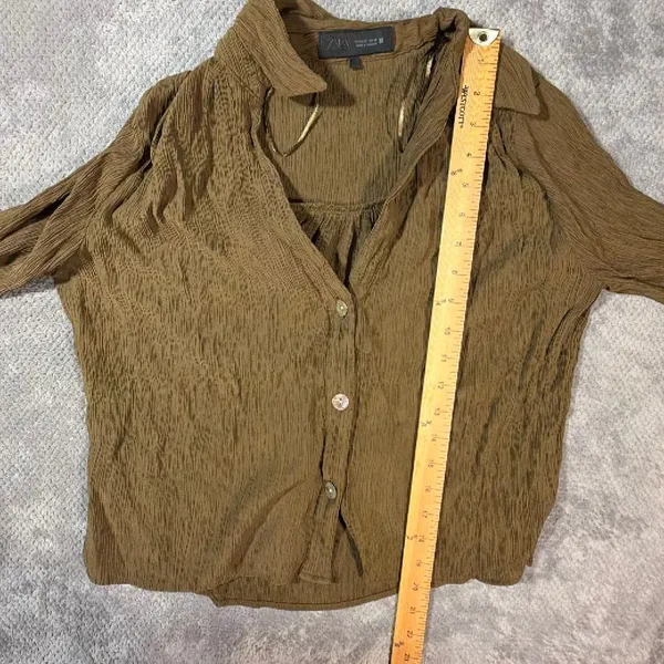 Zara Women’s XS Olive Brown Crinkle Button Front Blouse Roll Tab Sleeve Shirt - Image 8