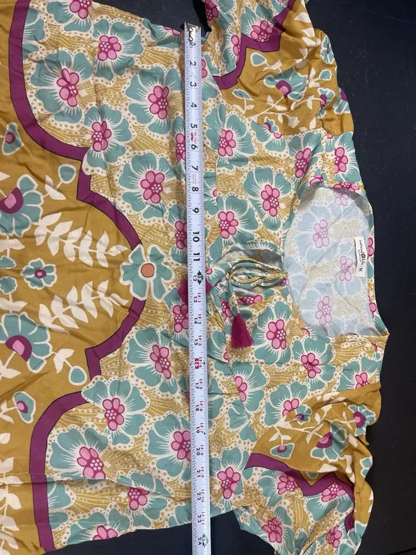 Natural Life Boho Floral Tassel Peasant Top M Mustard Teal Pink 3/4 Sleeve - Image 11