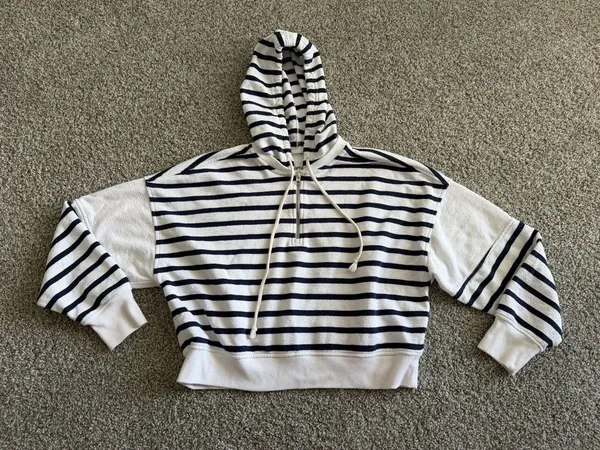 aerie Navy & White Striped Hooded Crop Sweater Coastal Nautical - Image 2