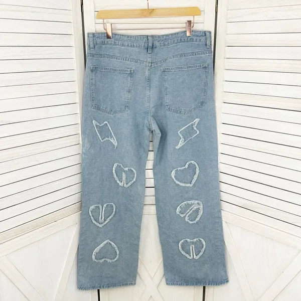 Q&J Jeans Patchwork Hearts Wide Leg High Rise‎ Jeans Large Boho Streetwear - Image 2