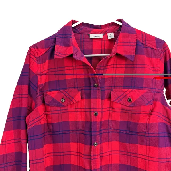 LL Bean Whisper Lodge Red Plaid Flannel Button Up Shirt Pockets MEDIUM - Image 4