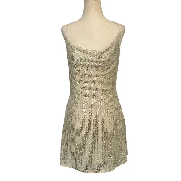 Hello Molly Champagne Gold Sequin Cowl Neck Lace‎ Up Back Mini Dress US 6 Viral - Image 5