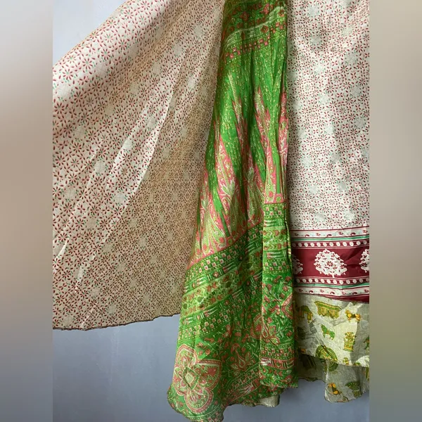 Silk Bohemian Boho Cream Silk Wrap Sari Fabric Indian A-Line Skirt S - Image 3