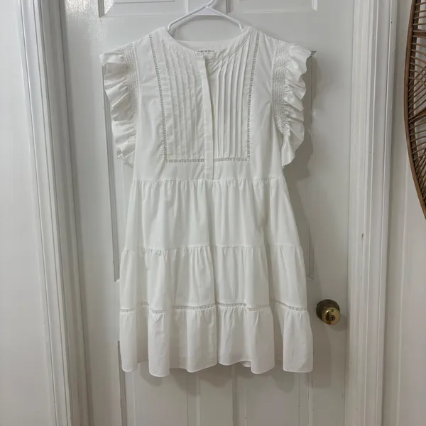 Free The Roses White Cotton Tiered Mini Dress S Ruffle Pintuck Boho Coastal Rush - Image 2