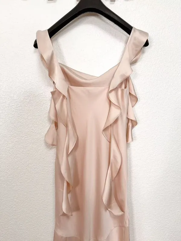 Lulus Meadow Ruffled Shoulder Satin Maxi Gown Dress in Blush Pink Bridesmaid - Image 5
