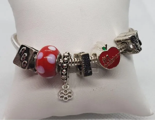 Silver Tone & Red Teacher European Charm Bracelet - Image 2