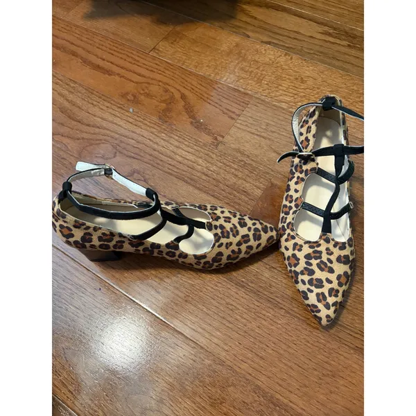 Leopard Print Pumps Mary Jane T-Strap Brown Block‎ Heel Pointed Toe Size 39 8.5 - Image 4