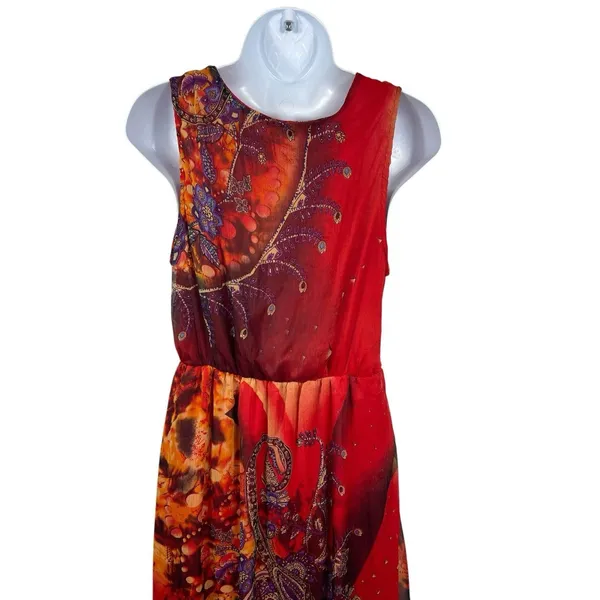 Bohemian Cafe Womens Boho Maxi Dress Paisley Floral Patchwork Beaded Neck M - Image 8