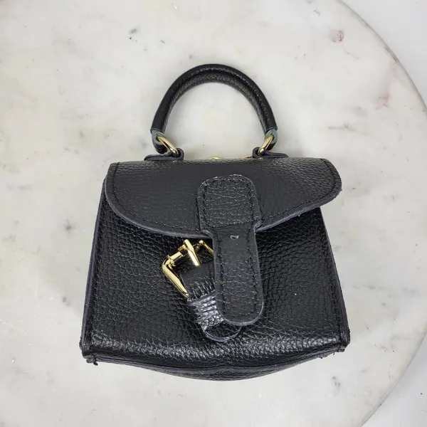 Vintage Italian Mini Black Leather Top Handle Bag Gold Buckle Made in Italy - Image 12