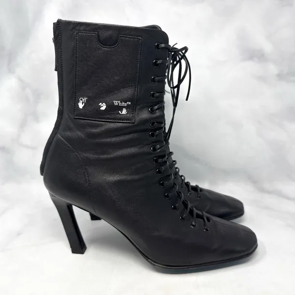 OFF-WHITE Leather Lace Up Card Holder Logo Heeled Ankle Boot Black Streetwear 36 - Image 3
