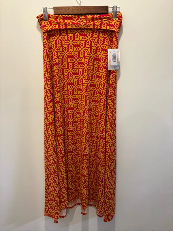 LuLaRoe Red & Mustard Geometric Print Maxi Skirt XXS Fold Over Waist NWT Boho - Image 2