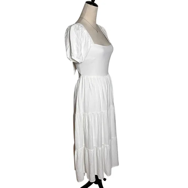 Sadie & Sage White Cottagecore Puff Sleeve Tie‎ Back Midi Dress Boho Prairie S - Image 4