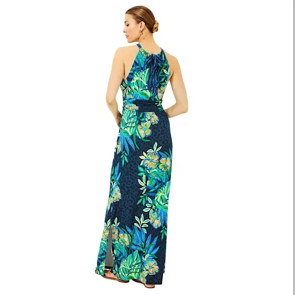 Lilly Pulitzer Orla Halter Maxi Dress Medium Navy Blue Floral Tropical Preppy - Image 2