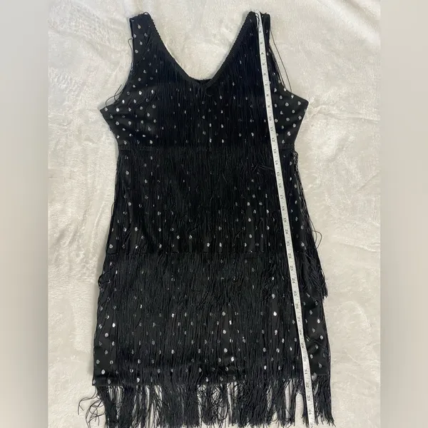 Cuase Black Silver Fringe Sequin Polka Dot Flapper Dress Size Large - Image 7