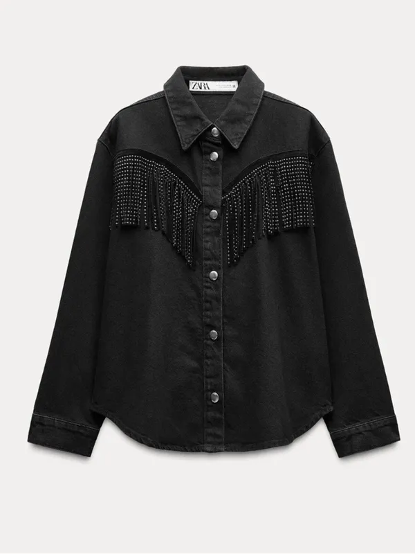 Zara Black Denim Studded Fringe Western Jacket XS Shacket - Image 3